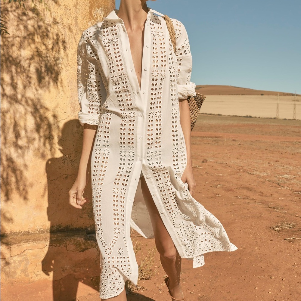 Zara Off White Eyelet Midi Shirt Dress FIRM PRICE